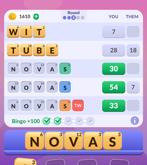 Screenshot of the Word Roll on round 3 with the word novas.